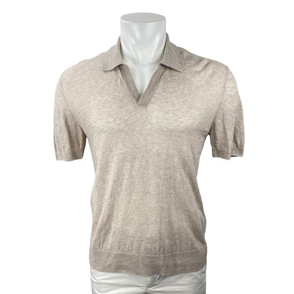 Altea Milano Men's Beige Linen Short Sleeve Knit Golf Polo Shirt Top Size L
